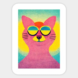 Hippie Cat Retro Poster Vintage Art Cat Wall Blue Pink Illustration Sticker